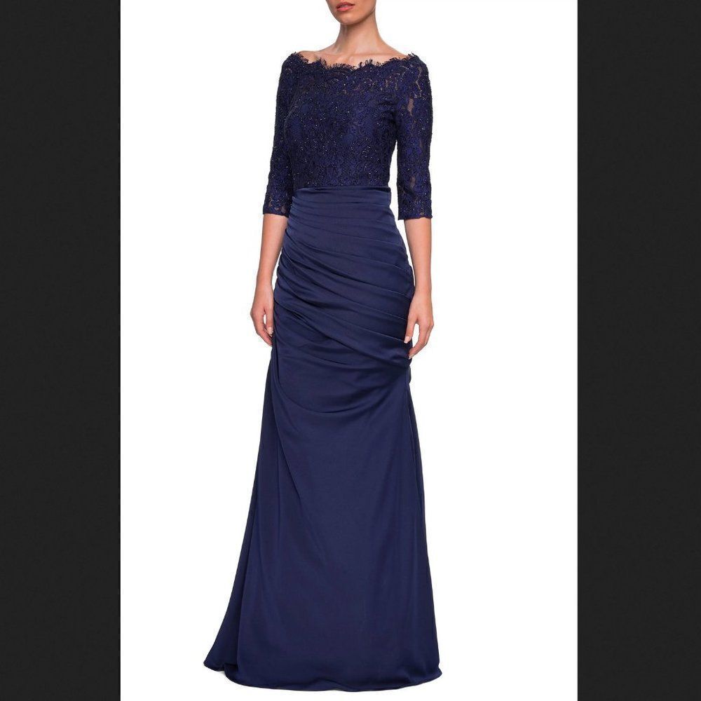 La Femme Sparkle Lace Trumpet Gown, Size 6 in Navy